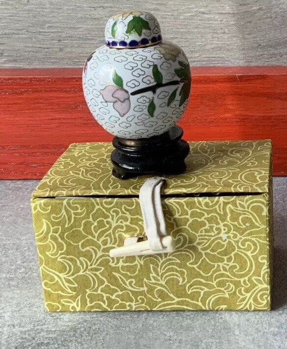Miniature Chinese Cloisonné Lidded Ginger Jar With Stand and Original Box VTG