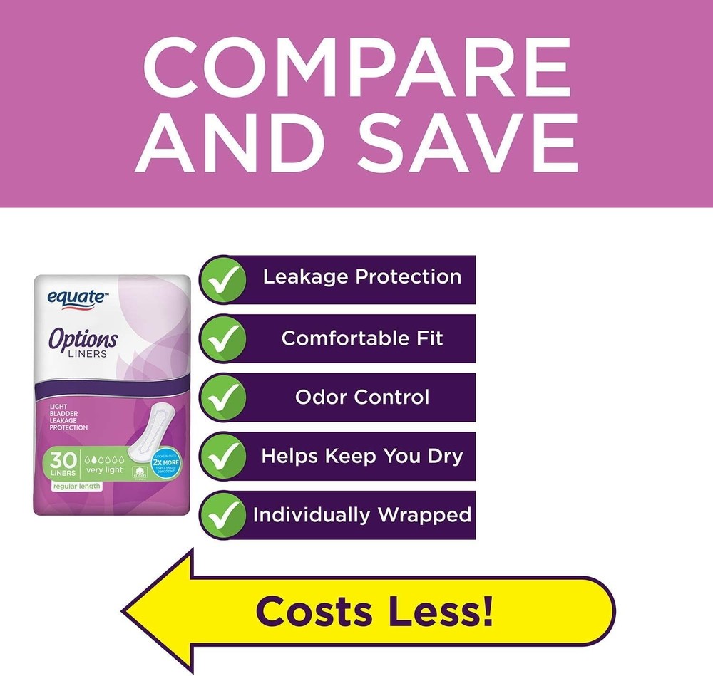 Equate Options Liners Light Bladder Leakage Protection, Regular