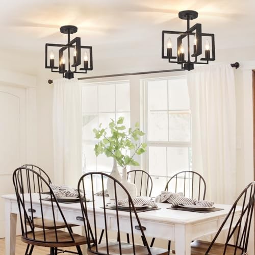 4-Light Semi Flush Ceiling Light, Modern Industrial Light 4 Light Black