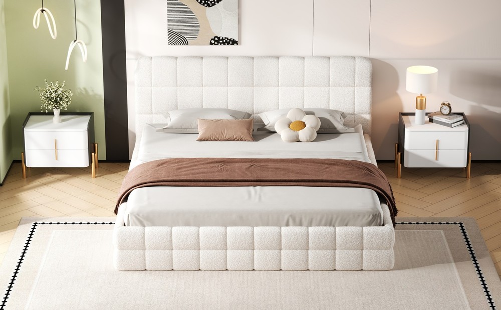 King Size Upholstered Platform Bed, White