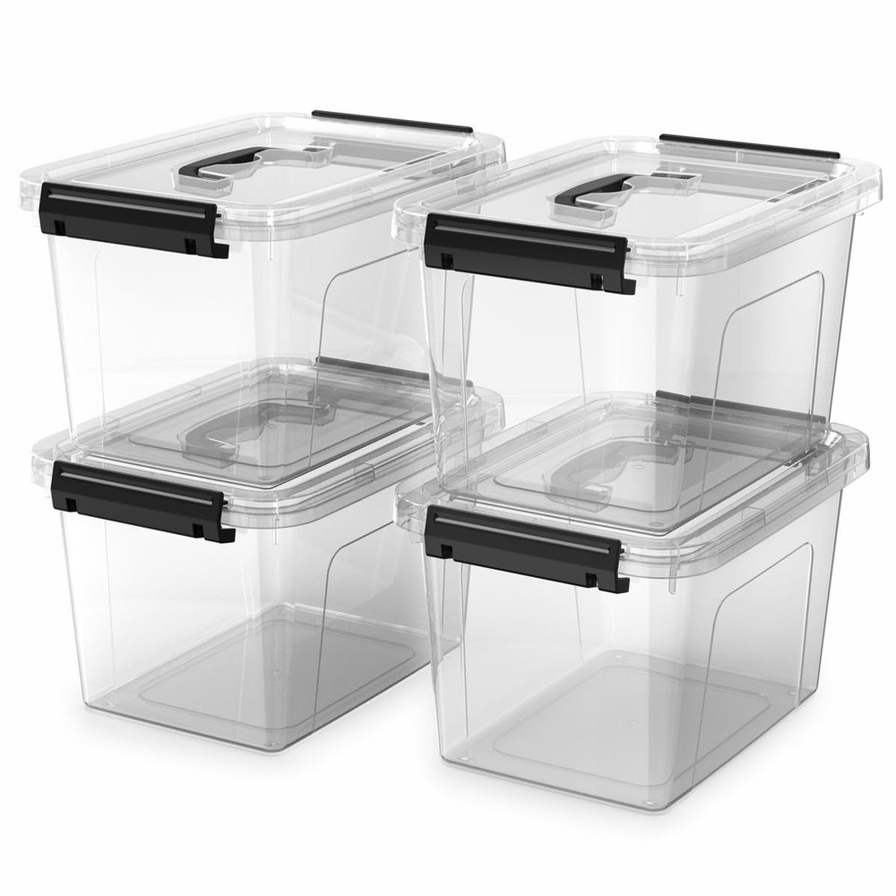 4 Pack Plastic Storage Bins with Lids and Handle, Clear Plastic Latching Box ...