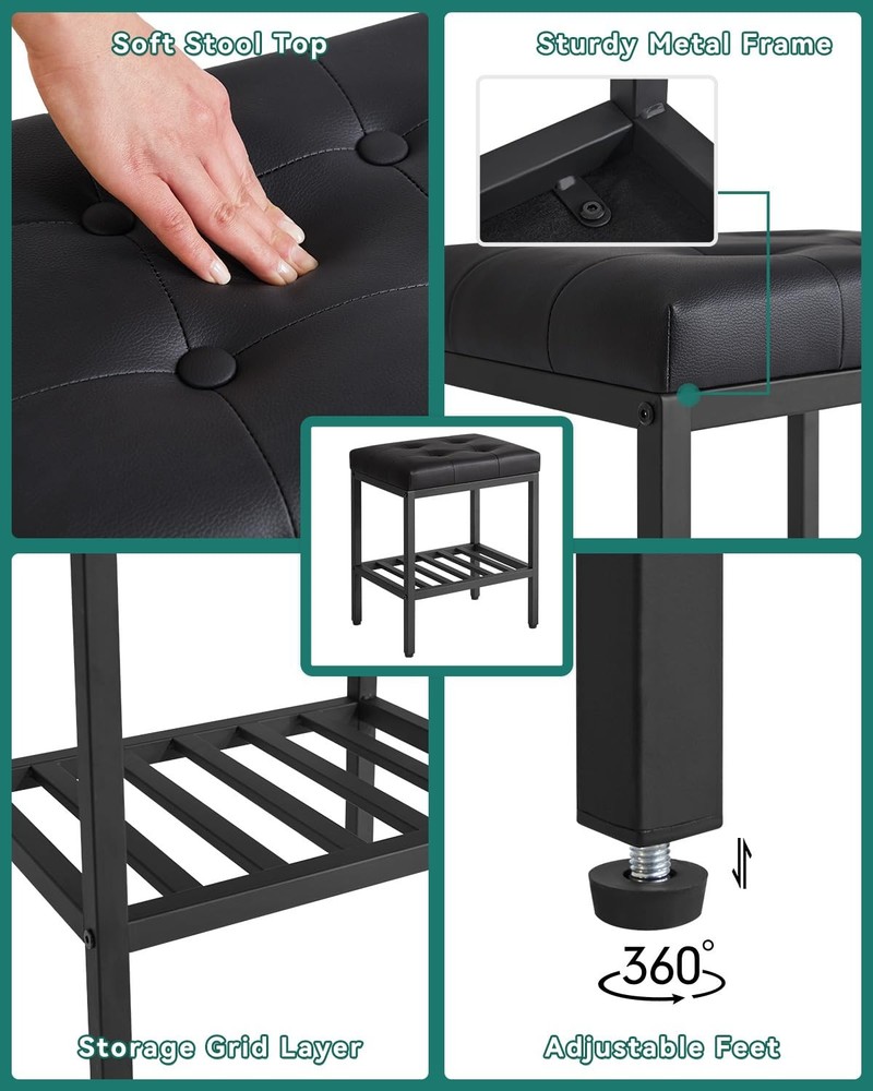 Rectangular Makeup Stool Adjustable Feet Storage Space PU Vanity Seat Black