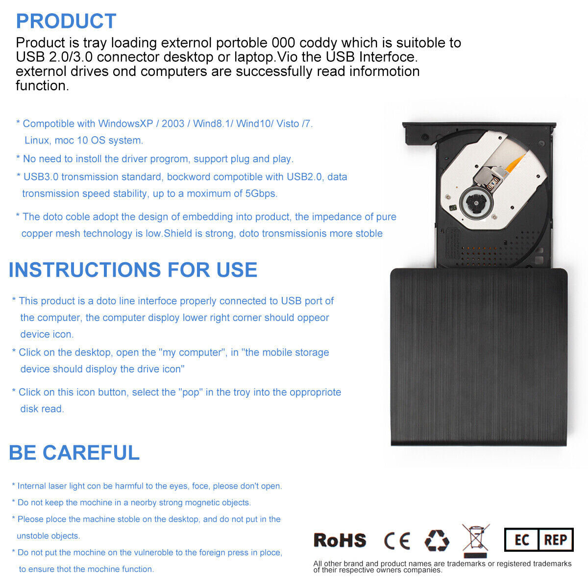 External DVD Drive USB 3.0 CD Optical Burner Writer Recorder Portable