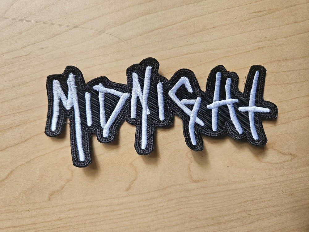 MIDNIGHT, SEW ON WHITE EMBROIDERED PATCH