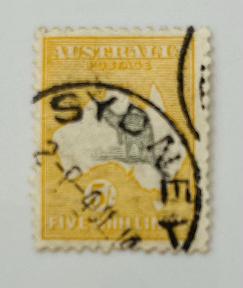 Roos 5/- Yellow. & Grey  First WMK Used