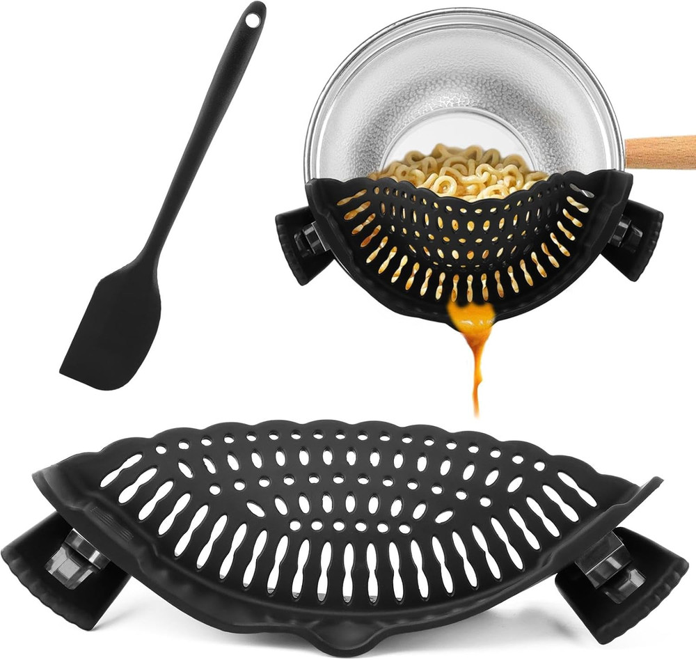 Clip on Strainer with Scraper,Silicone Strainer for Pots and Pans Adjustable Pas