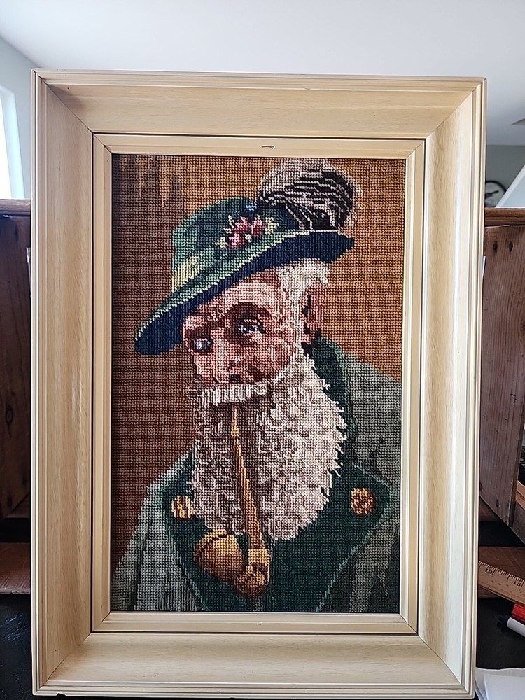 Vintage Needlepoint Framed Old Scottish Man Smoking A Pipe