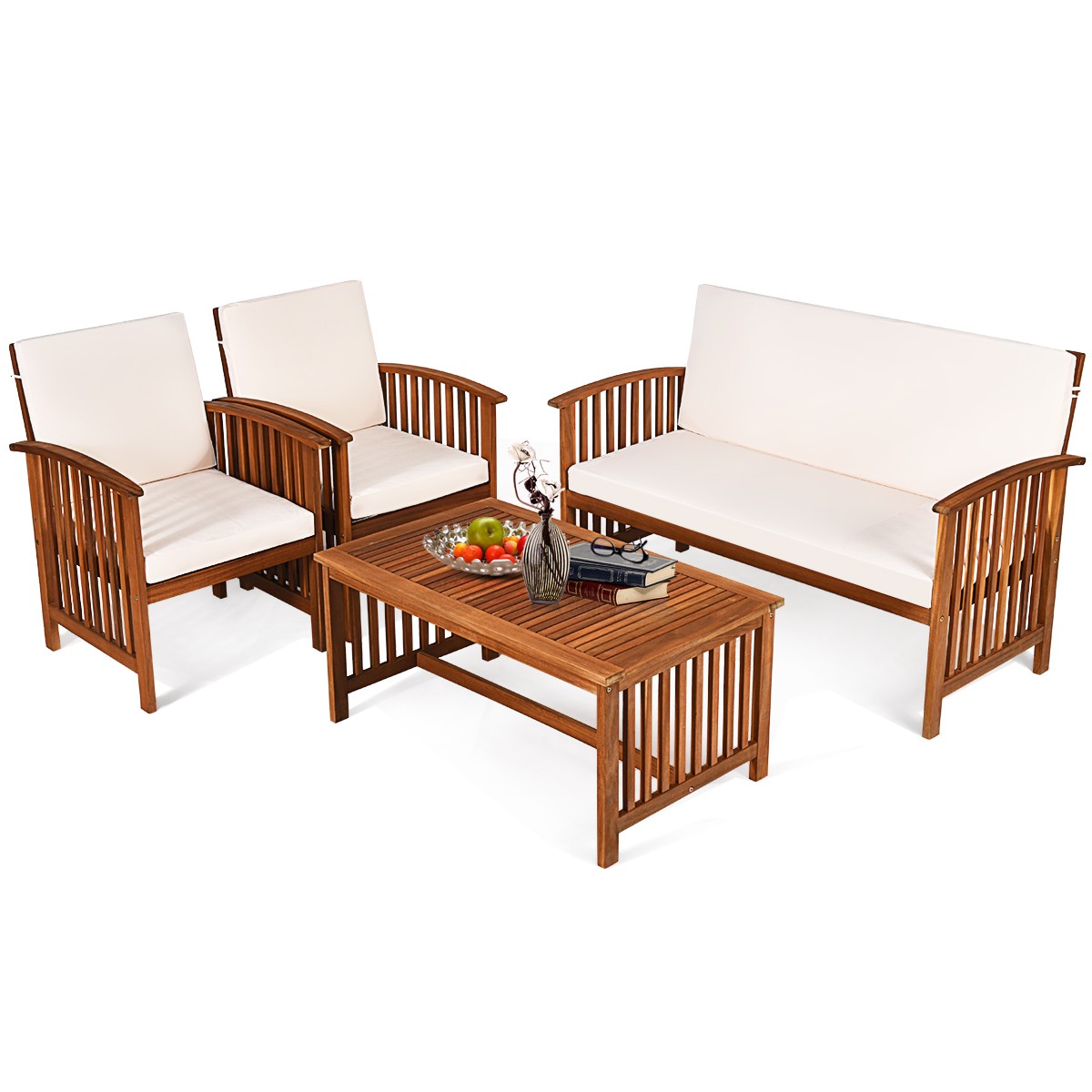 8PCS Patio Solid Wood Furniture Set Conversation Coffee Table W/White Cushion