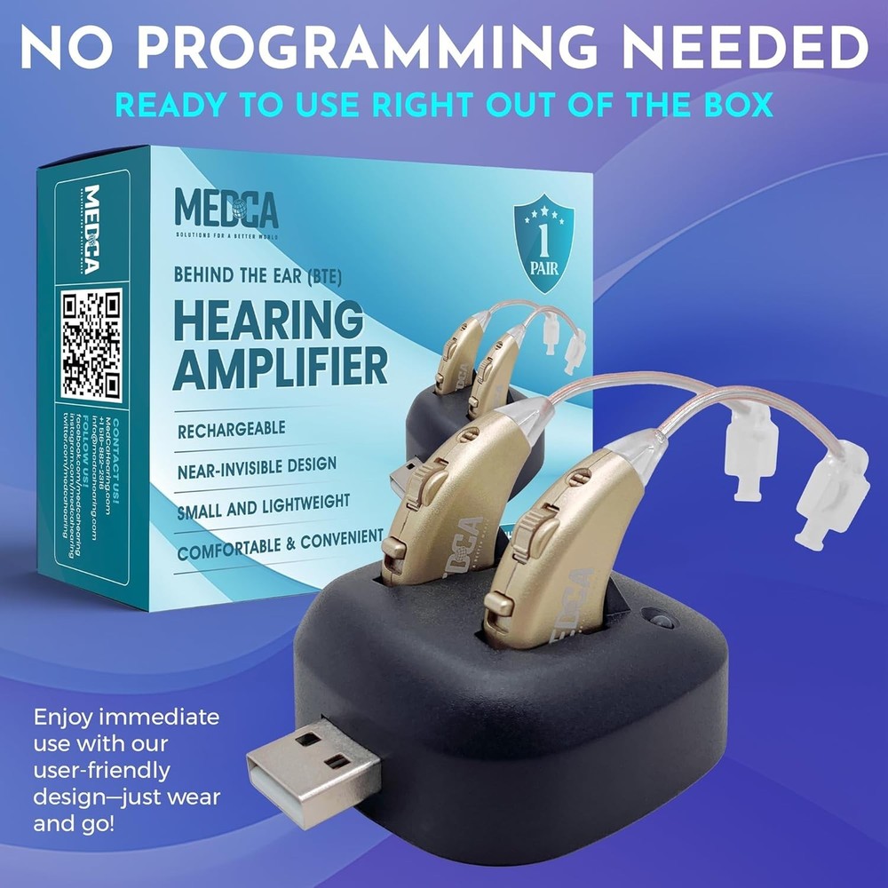 Compact Rechargeable BTE Hearing Amplifiers - Stylish Gold with Easy Control