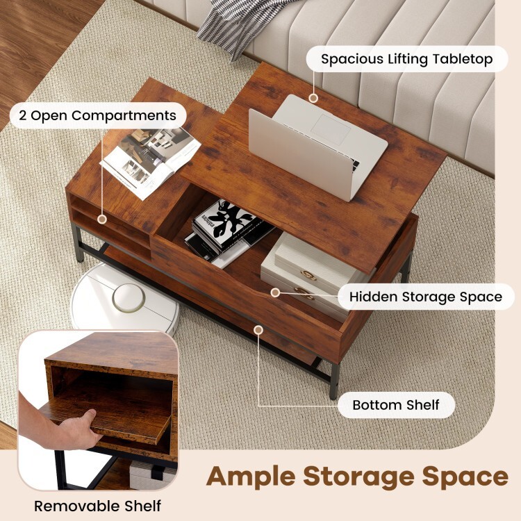 Lift Top Coffee Table, Hidden Storage Space Removable Storage Rack 2 Compartment