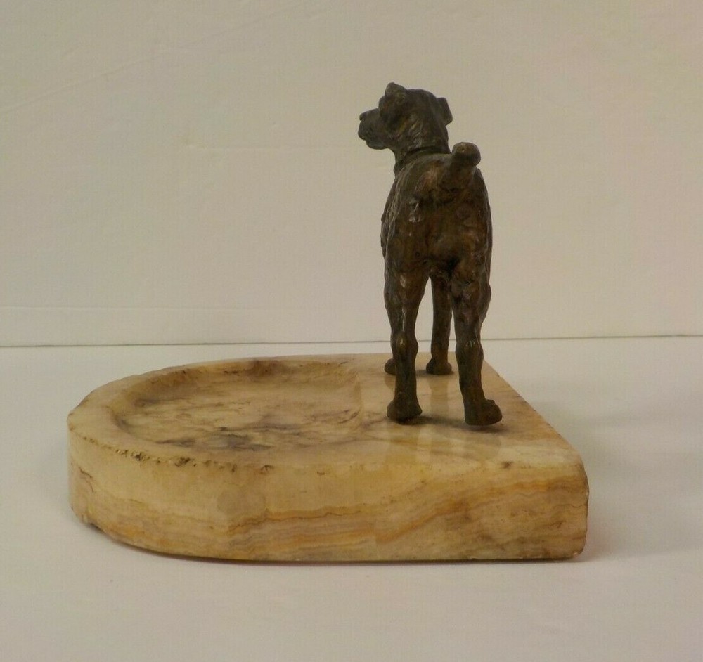 Bronze Dog Sculpture, Alabaster Base Desk Accessory