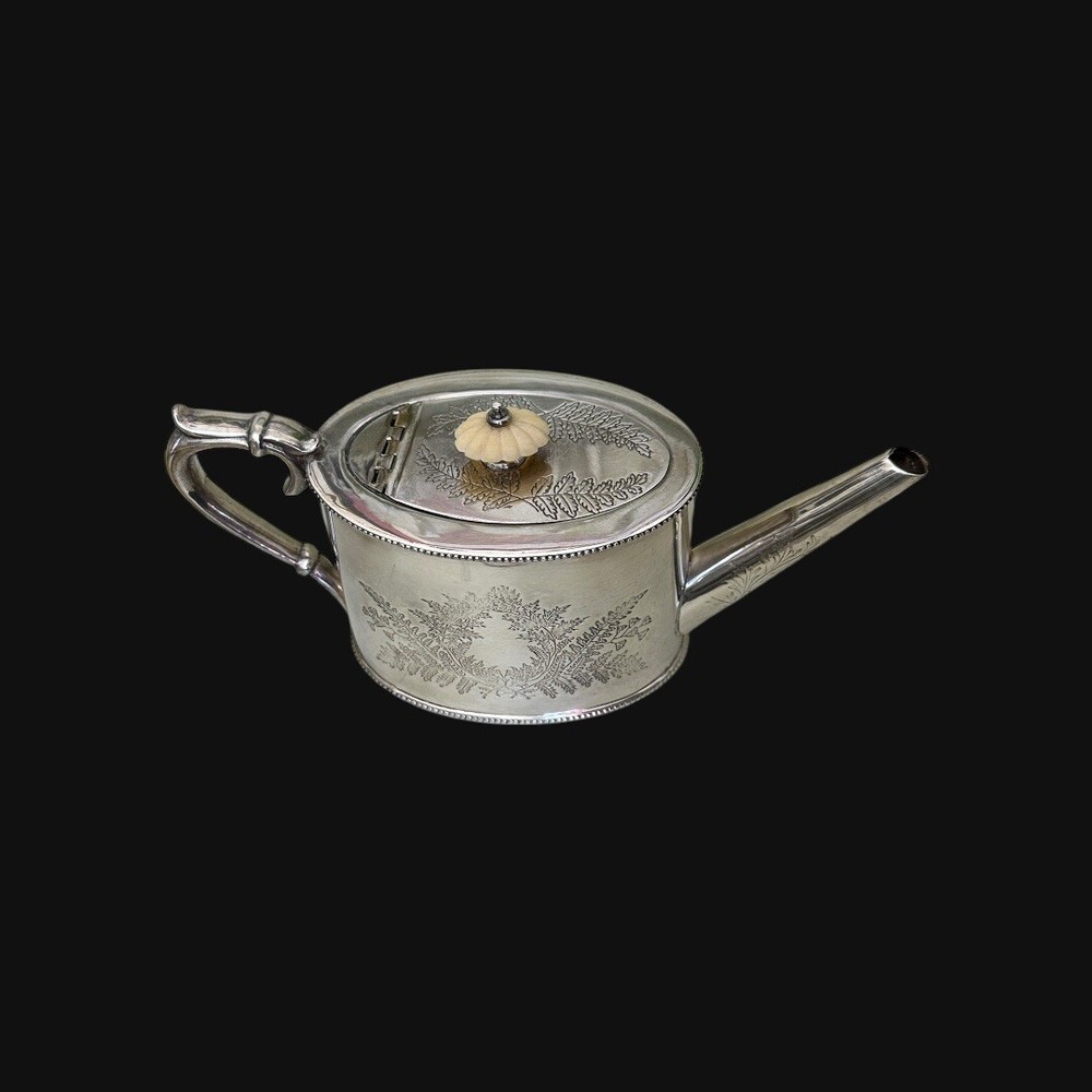 4 Pc Silverplate Coffee Tea Svc Fern Engraved Pattern Unmarked Ivory Knobs 1800s