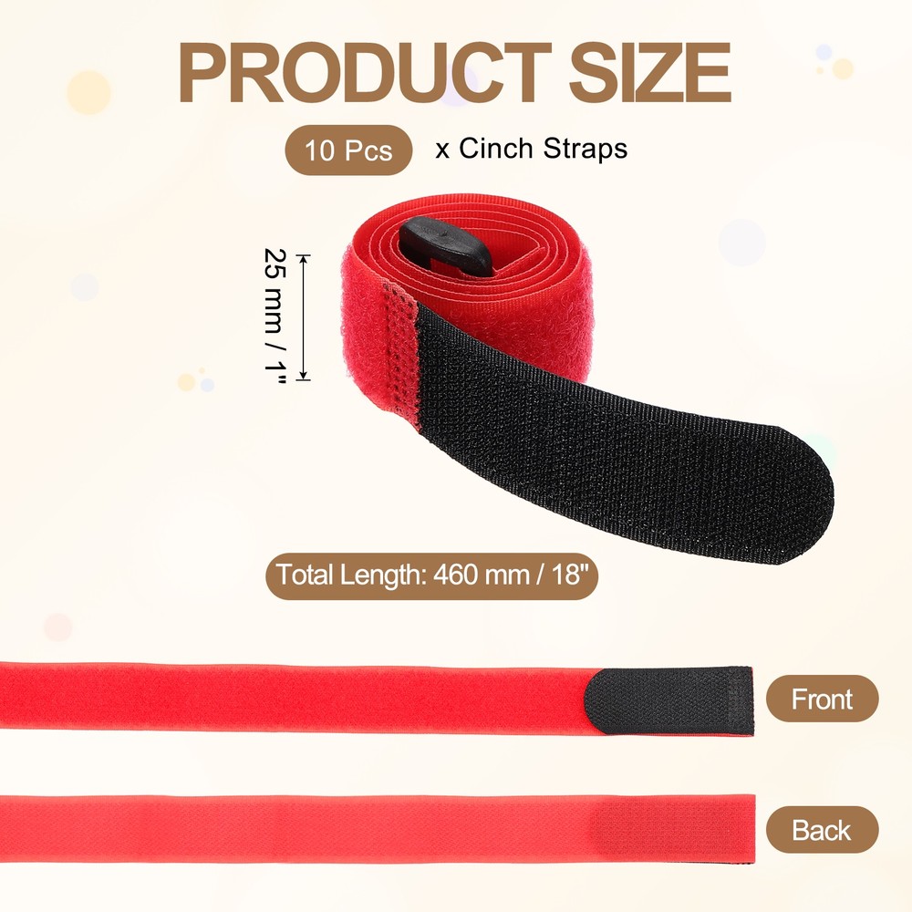 10pcs Reusable Cinch Straps 1"x18" Hook and Loop Cable Securing Straps, Red