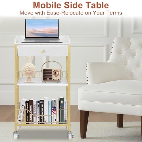 Small Tall Side Table with Storage Basket, High End Table with Gold With White