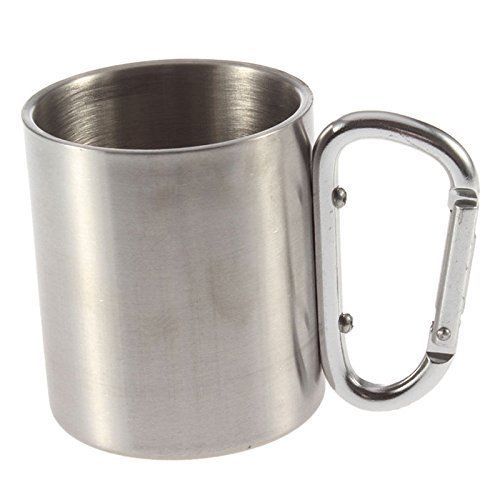 Outdoor Camping Cup Stainless Steel Coffee Mug Carabiner Hook Double Wall 220ml