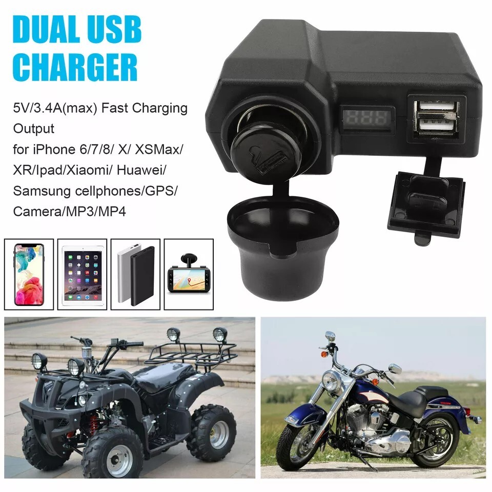 Waterproof Motorcycle Handlebar Dual USB Phone Charger Cigarette Lighter Socket