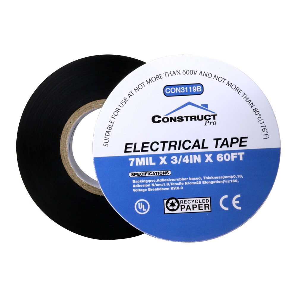 Construct Pro UL-Listed Electrical Tape (3/4in x 60ft, Black Rubber)