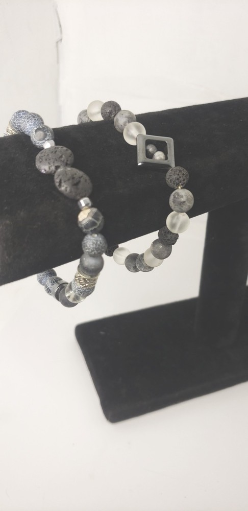 Beaded Stackable Gemstone Bracelet Set| Lava Stone & Cracked Agate Bracelets
