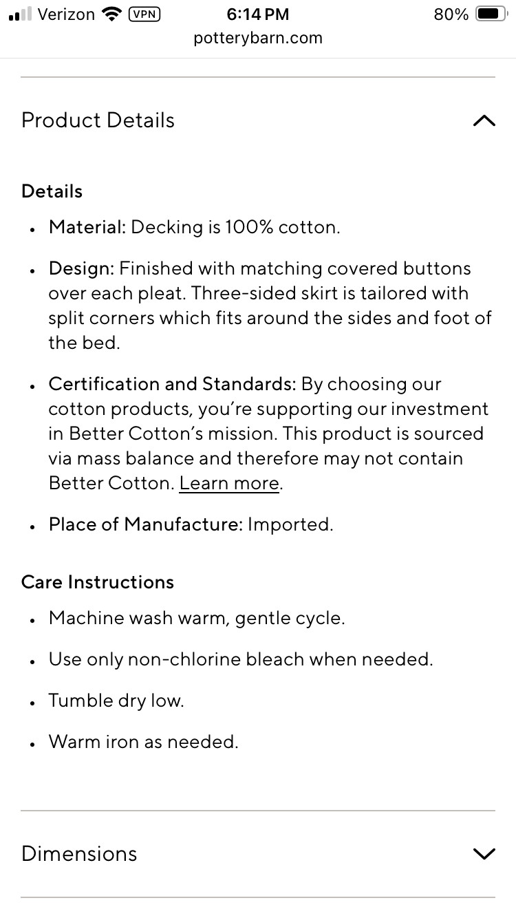 Pottery Barn Off-White Pleated Button Bed Skirt (KING) 14" Drop