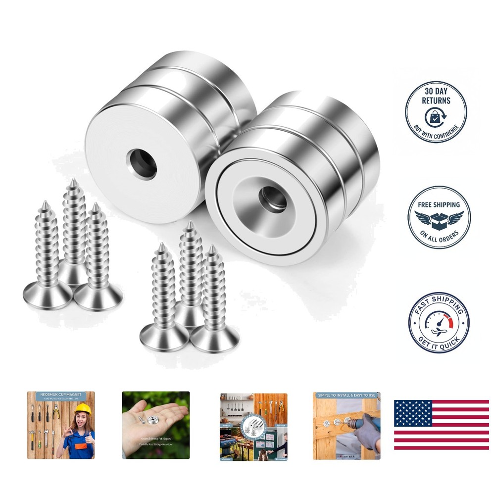 Strong Neodymium Mounting Magnets – 40lbs Pull Force with Screws, 6 Pack