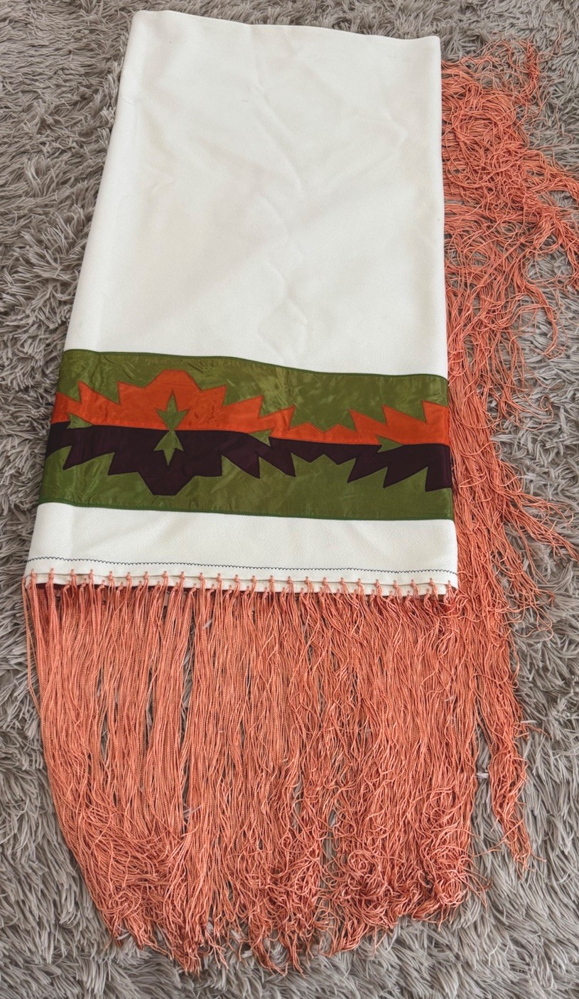 Native American Dance Shawl Knotted Fringe Orange,Brown,Green Ribbon 60x61