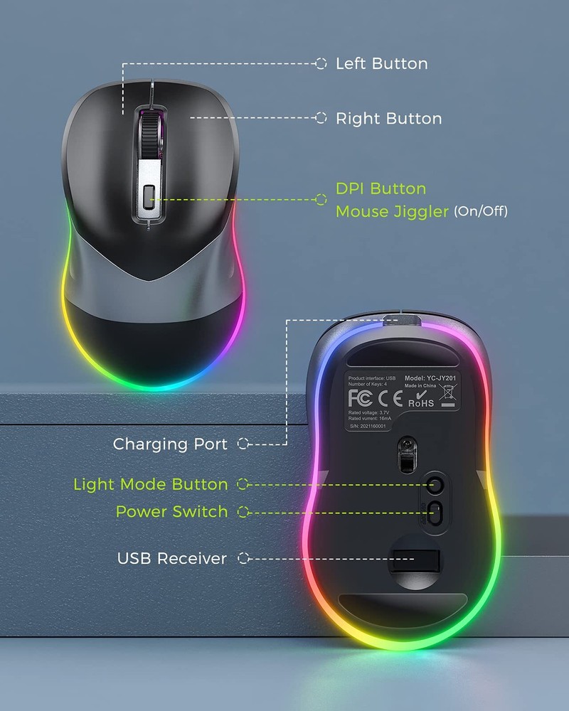 Wireless Mouse Jiggler Mouse for Laptop - LED Mouse Rechargeable Computer Mic...