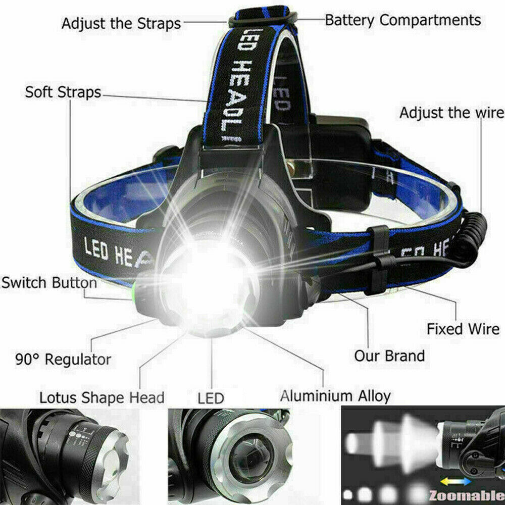 Super Bright LED Headlamp Rechargeable Headlight Zoom Head Torch Flashlight US
