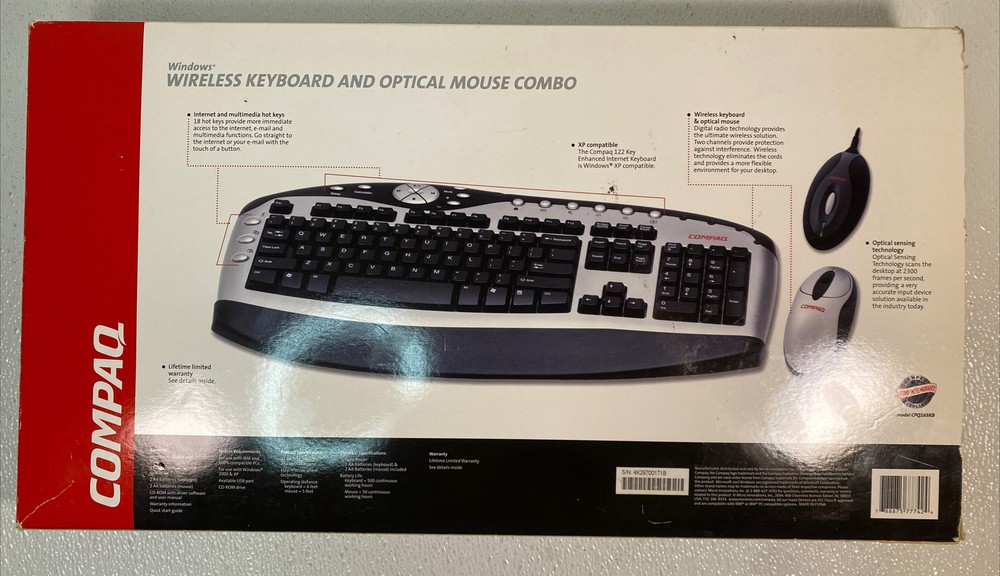 Compaq Windows Wireless Keyboard & Optical Mouse Model CPQ165KB NEW