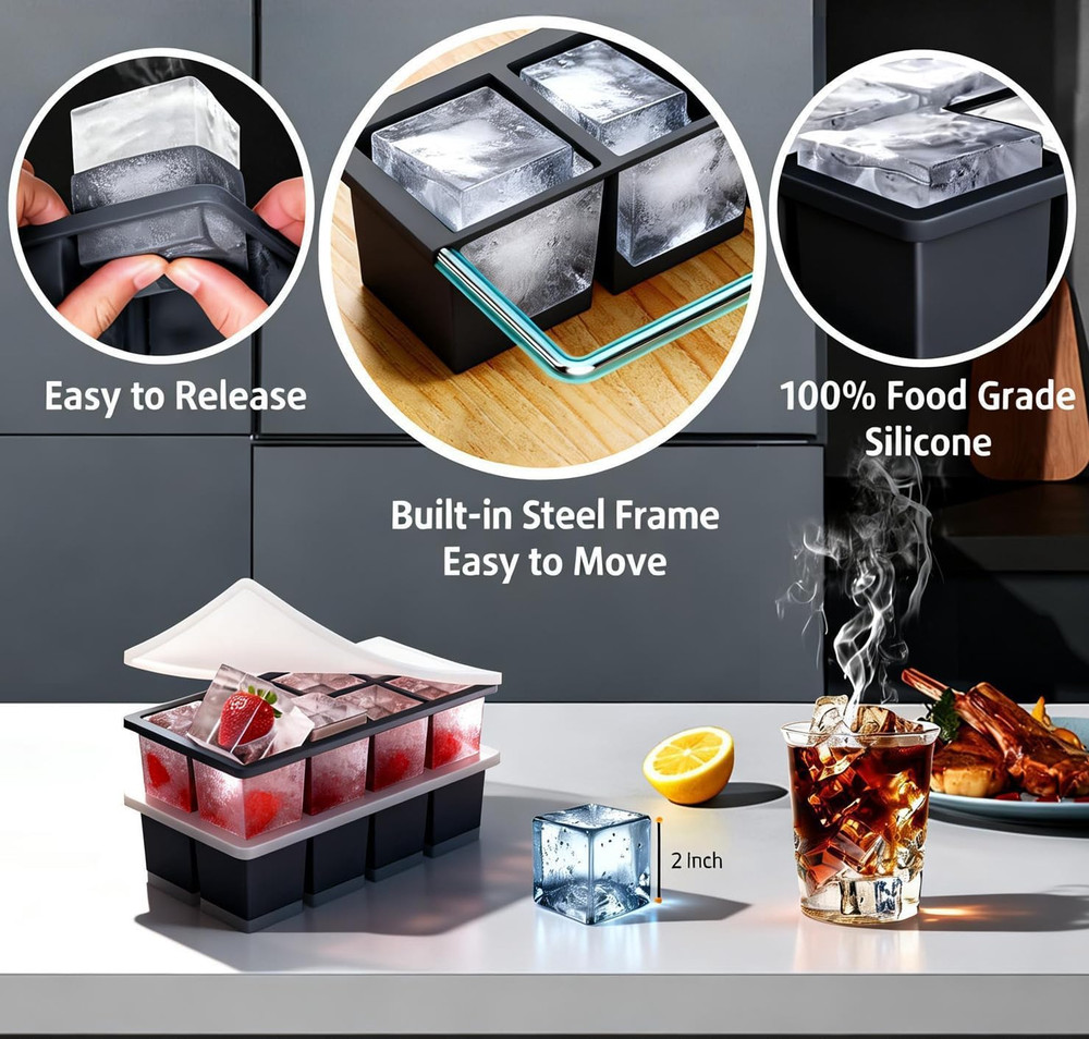 2-Pack Large Ice Cube Trays for Whiskey, Stackable & Easy-Release Silicone Squar