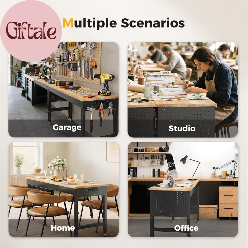 60" Adjustable Heavy Duty Workbench, 2000 LBS Load Capacity Rubber Wood Work Tab