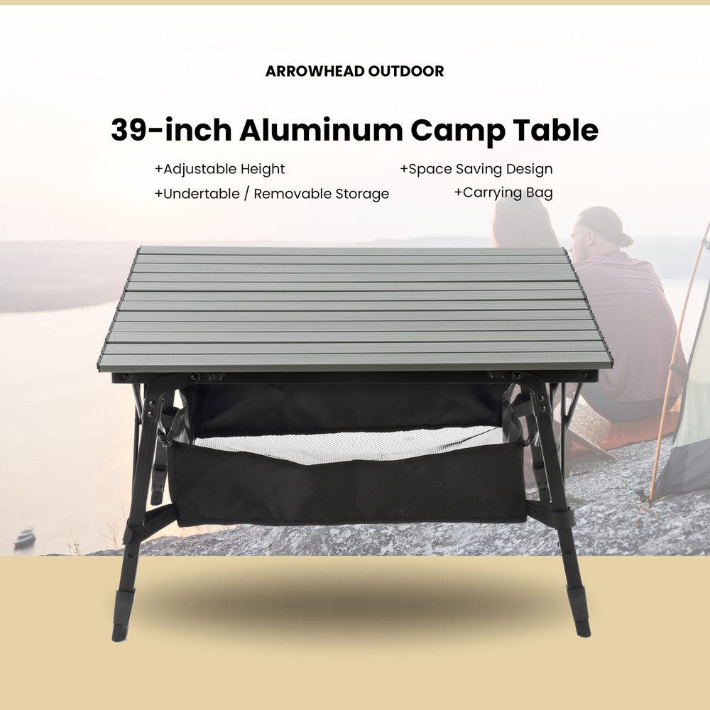 39" Folding Roll Up Aluminum Camp Table w/ Adjustable Height Mesh Storage Gray
