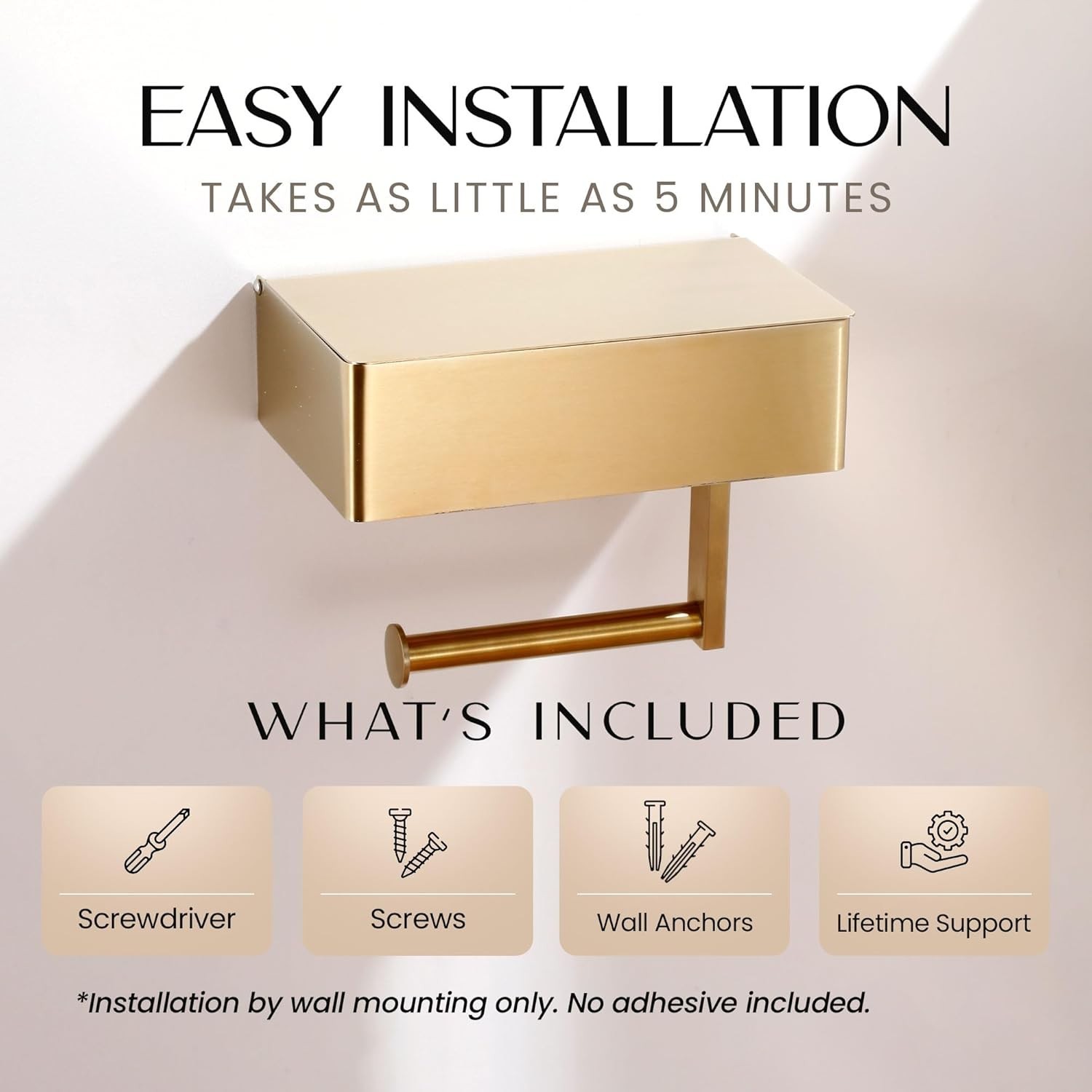Brushed Gold Toilet Paper Holder with Shelf & Wipe Dispenser - Modern Elegance