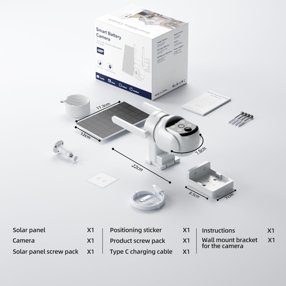 4MP Solar Security Camera, WiFi Camera for Home Security System, Battery Powe...