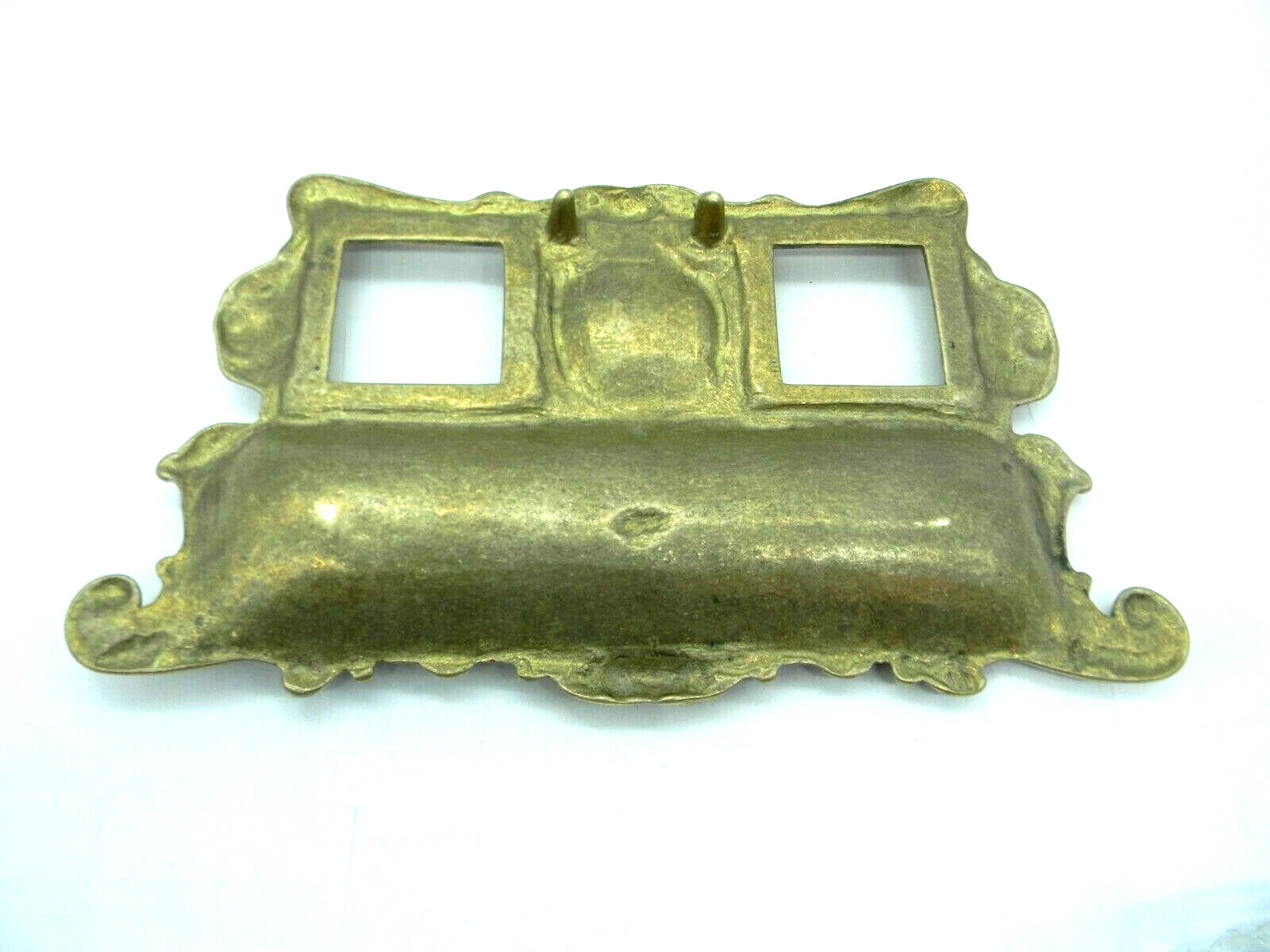 Antique Victorian Brass Desk Inkwell Pen rest Double Glass wells