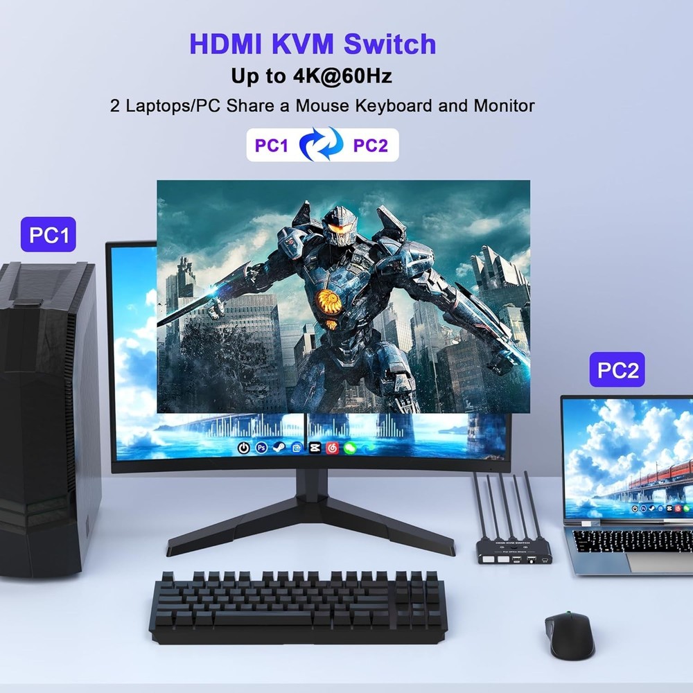 One-Button HDMI KVM Switcher for 2 Computers - Impactful 4K Video Quality