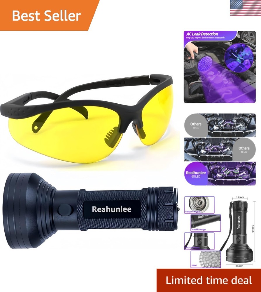 Pro AC UV Dye Leak Detector Flashlight Kit with Protective Glasses - 12.3W