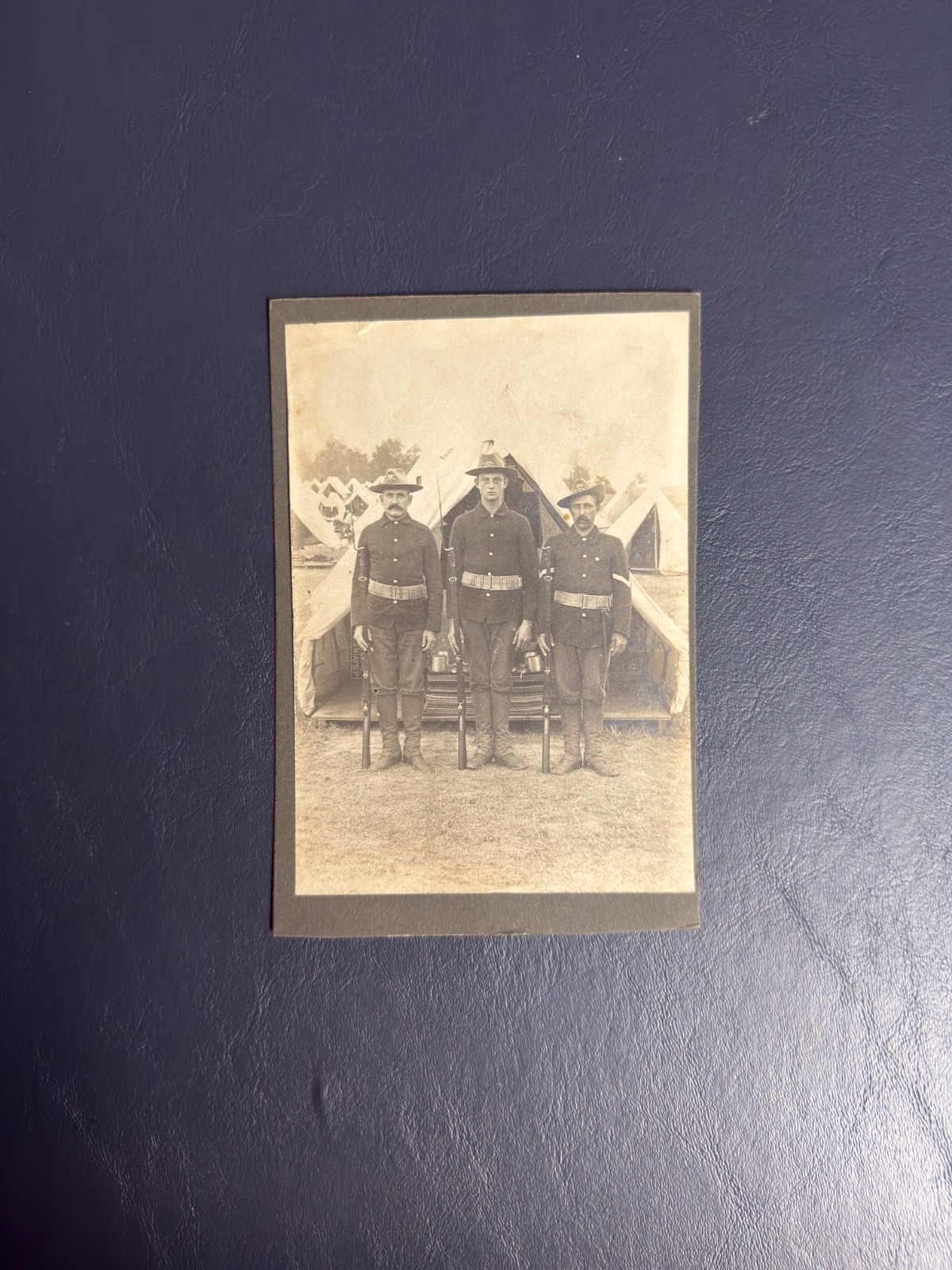 Antique Photo WWI Era US Military Soldiers Campaign Hats Tent Camp USMC Rifle