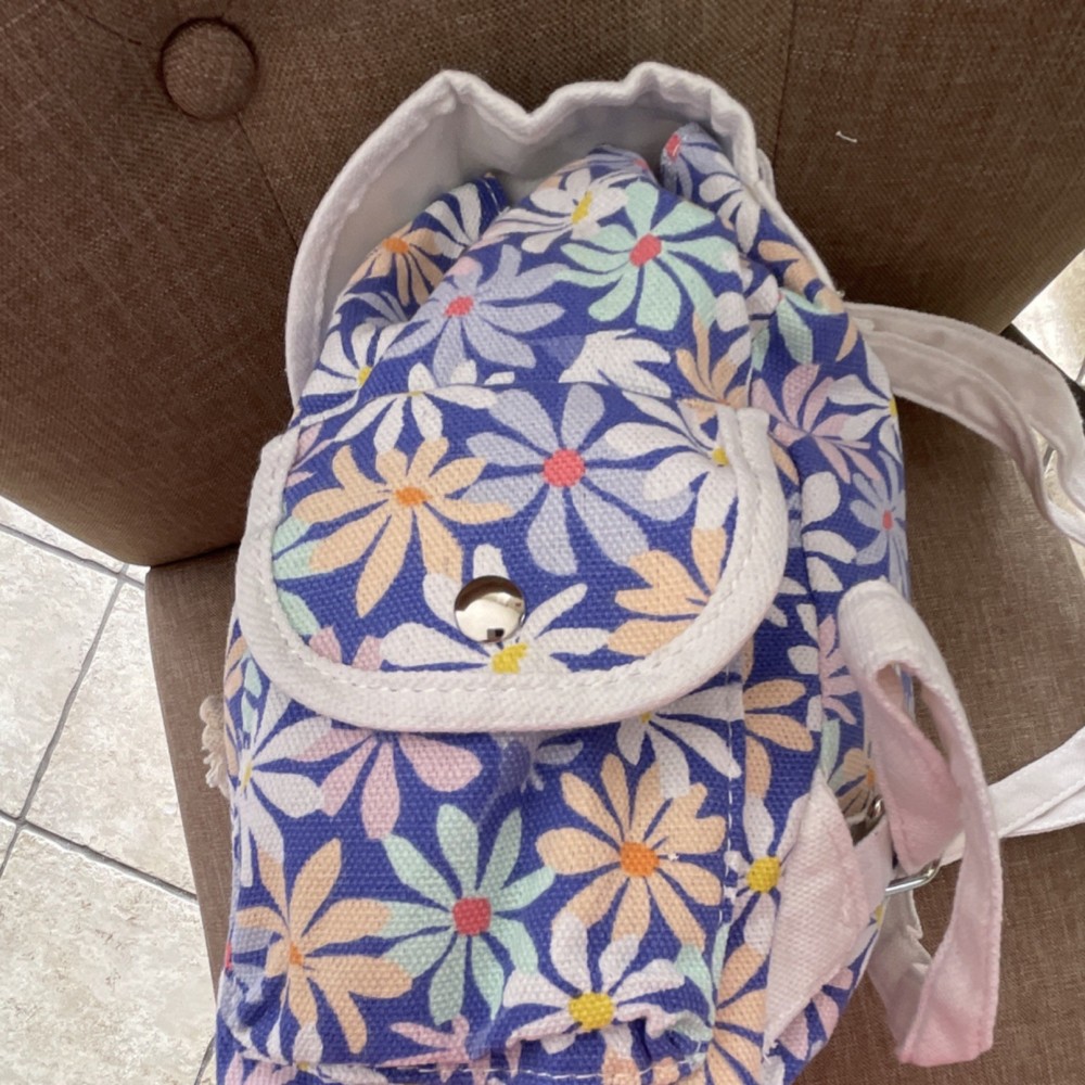 Cat & Jack Floral Canvas Backpack Purple White Adjustable Strap Drawstring 11in