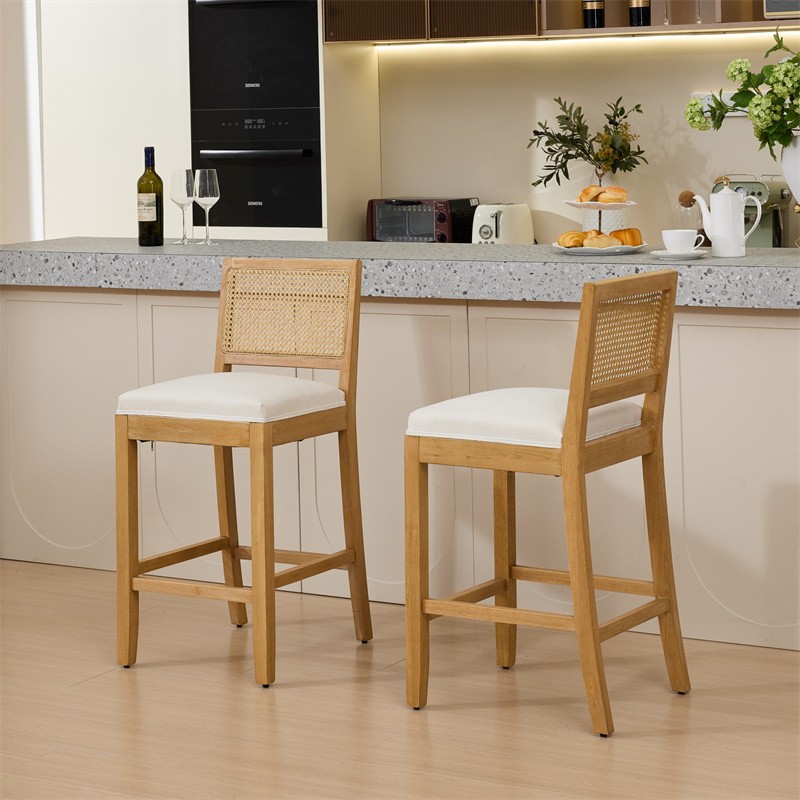 Set of 2 Solid Wood Rattan Bar Stools Comfort Linen Cushion High-Resilience Foam