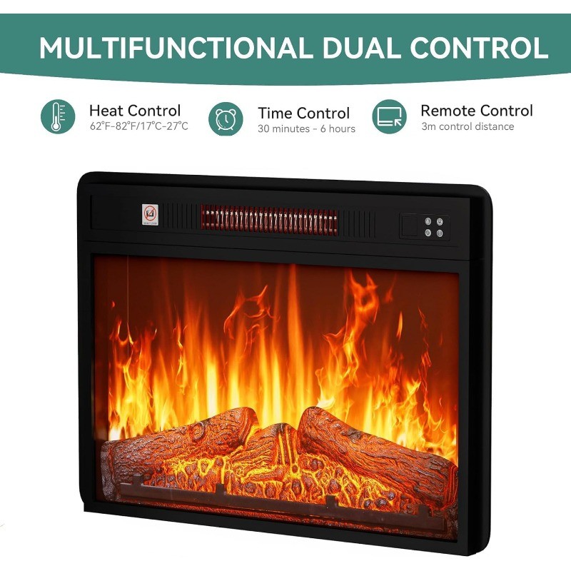 24" Electric Fireplace Insert, Fireplace Heaters with Log Set, Remote Control