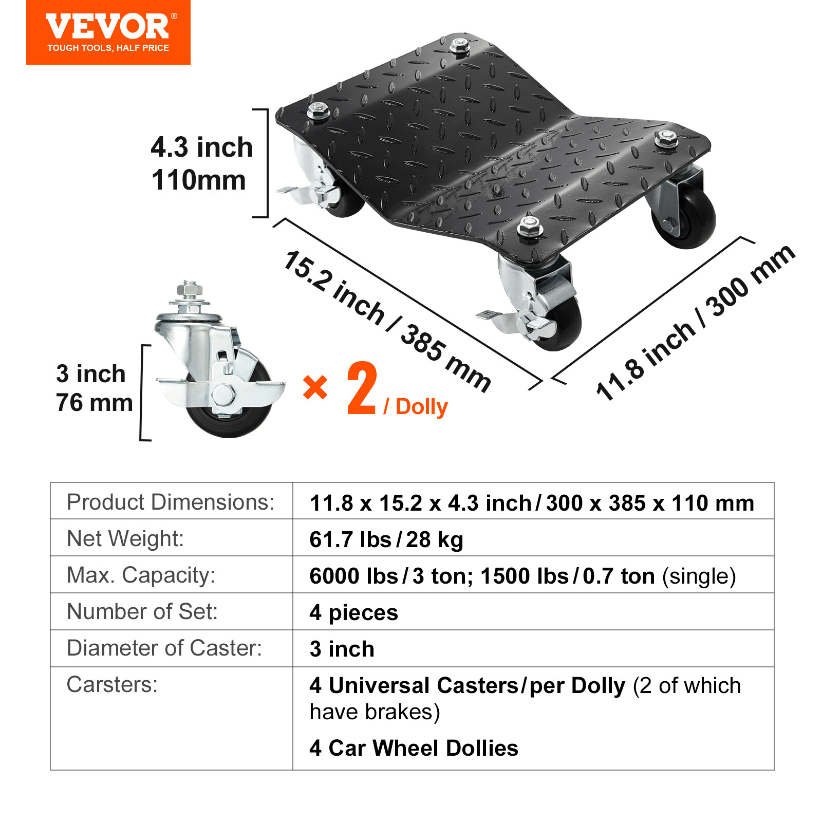 VEVOR 4 PCS 6000LB Car Dolly Wheel Tire Dolly Heavy Duty Skate Auto Repair Dolly