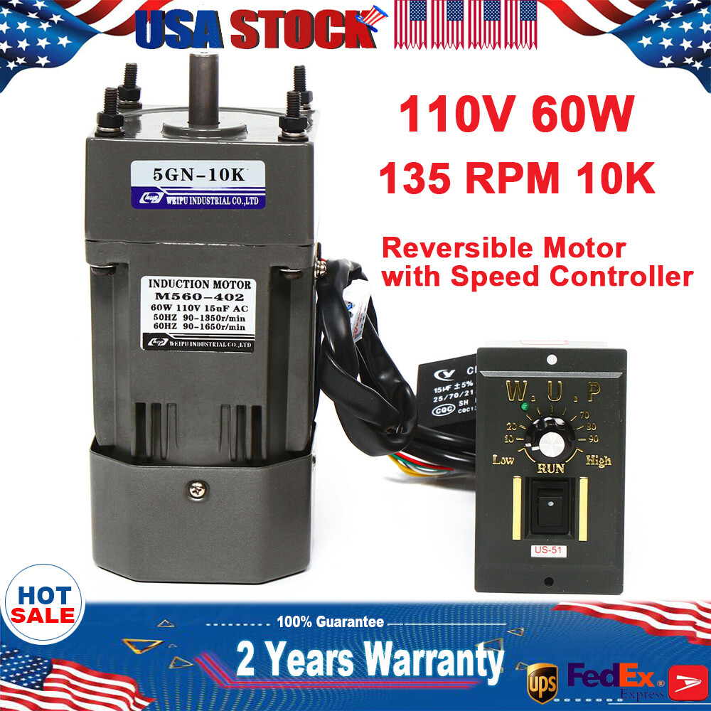110V 60W AC Gear Motor Electric Variable with Speed Controller Single-phase 1:10