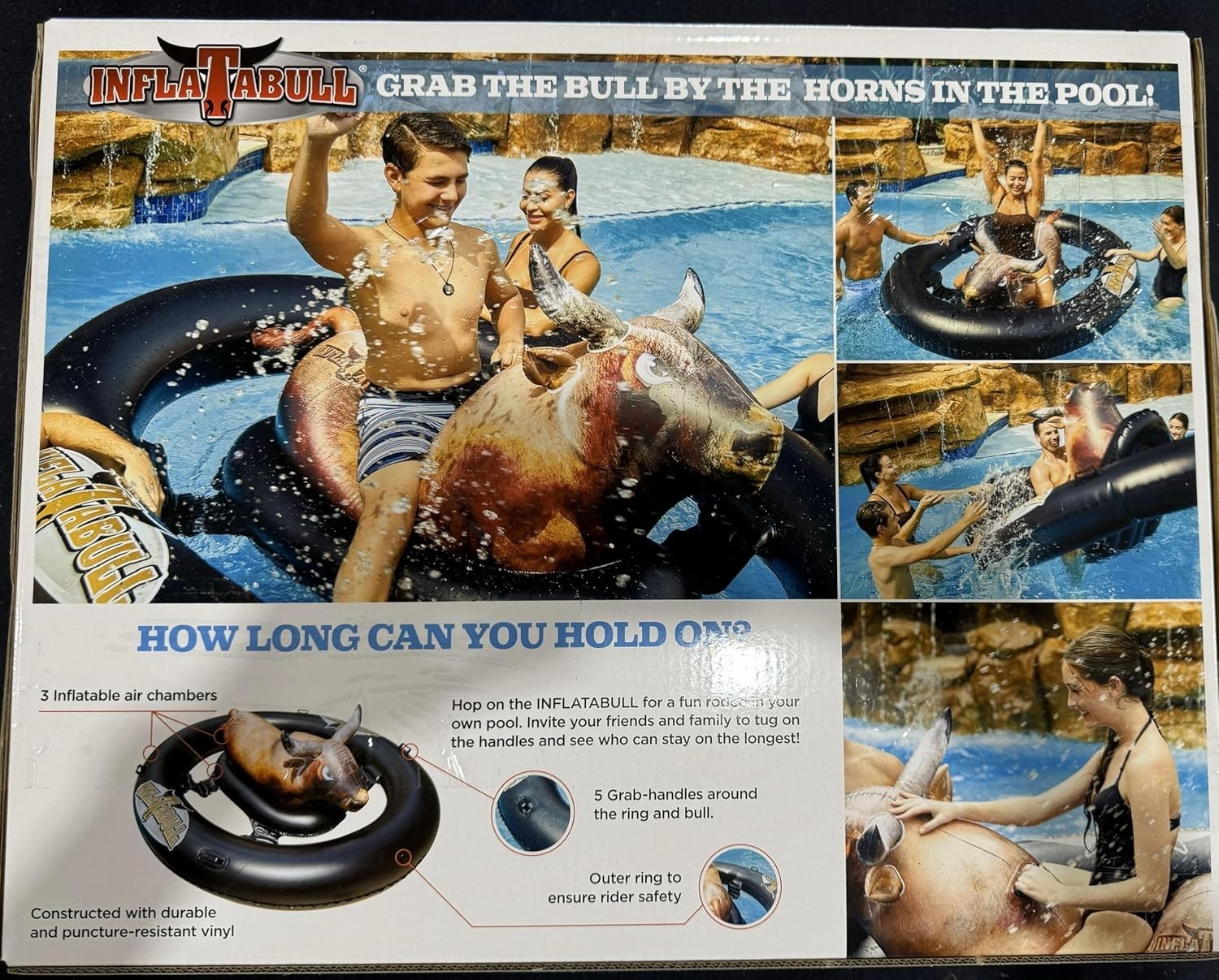 Over 7 FT, Inflatabull Inflatable Ride On Rodeo Bull Pool Toy Float Ages 9+ New