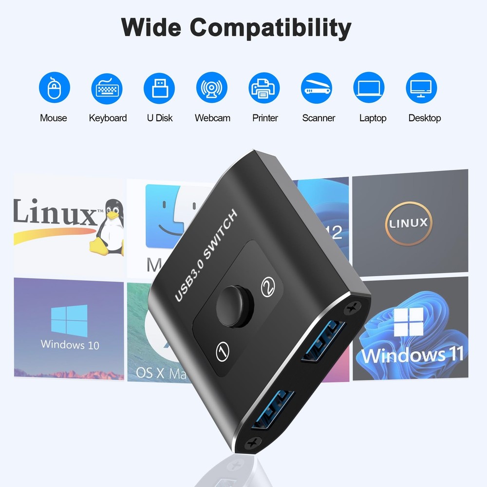 USB 3.0 Switch, Bi-Directional 2 Computers Share USB Devices for Printers, Mice