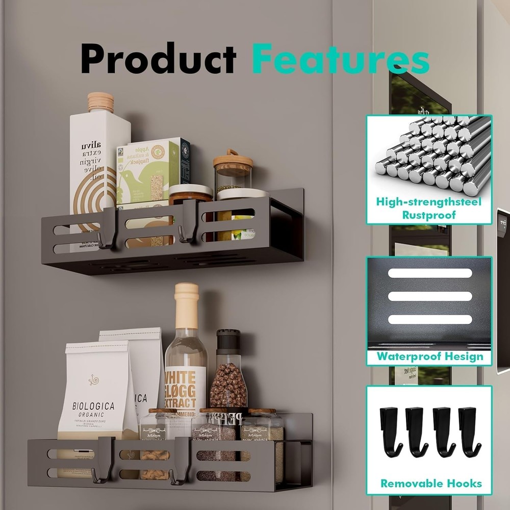 Sleek Black Magnetic Spice Storage Rack - Includes Hooks for Extra Convenience