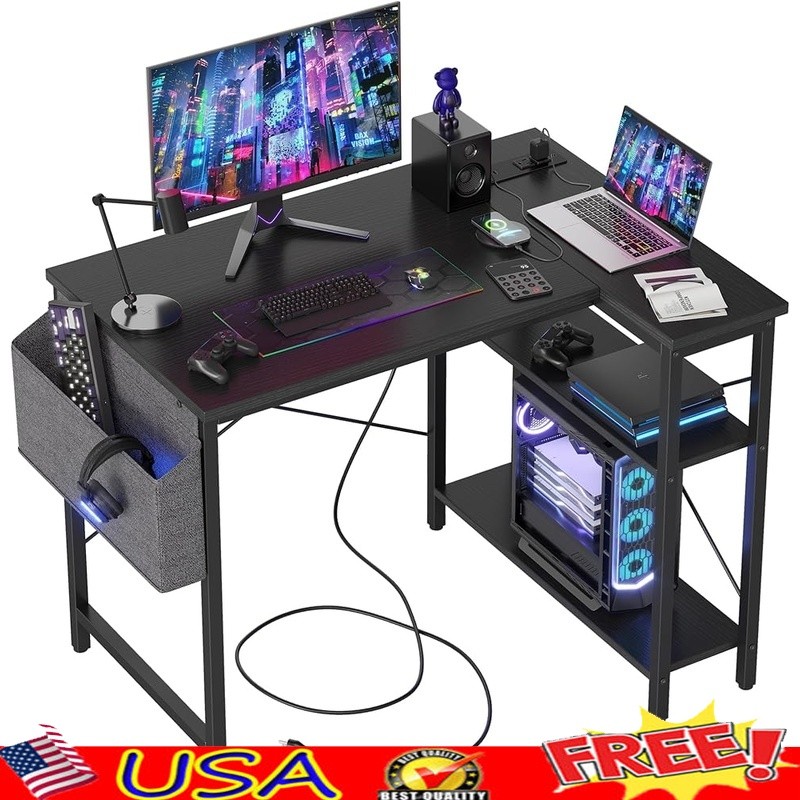 L Shaped Desk W/ Power Outlets USB Port Reversible Design Storage Solution