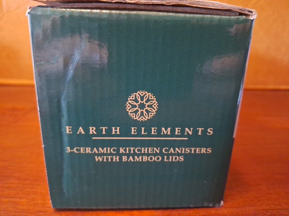 Earth Elements (3) Ceramic Kitchen Canisters With Bamboo Lids