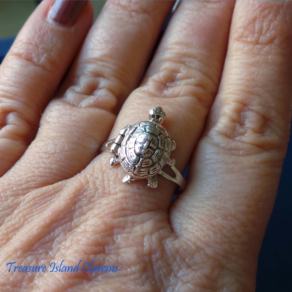 Turtle 925 Solid Sterling Silver Poison Pill Box Ring Opens Size 6 7 8 9 Opens