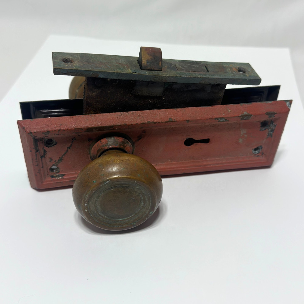 Antique 1920's Brass Lockset Lockbox Door Knobs and Faceplates