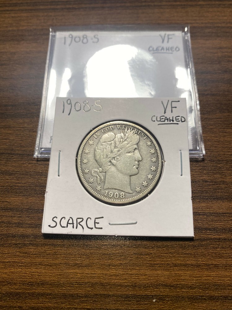 1908-S Barber Silver Half Dollar 50C VERY FINE (VF) Cleaned